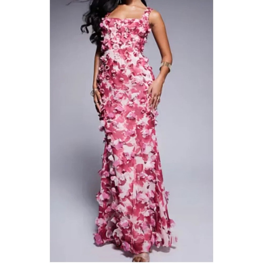 ASOS LUXE 3D Floral Maxi Dress Pink White Lace Up Back Gown US 14